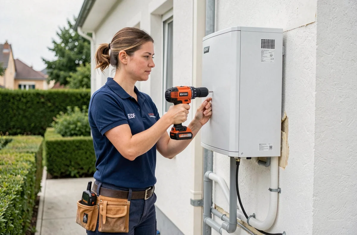 Technicienne IZI by EDF installant une pompe à chaleur sur la façade d'une maison dans le Val-de-Marne