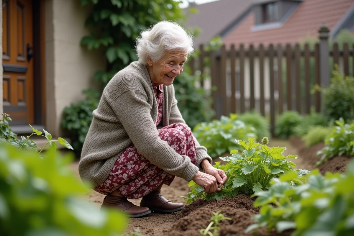 Femme âgée cultivant ses légumes dans un jardin rural