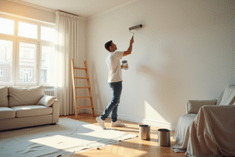 Jeune adulte peignant un mur dans un appartement moderne