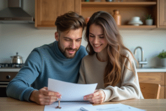 Jeune couple souriant avec clés dans une cuisine moderne