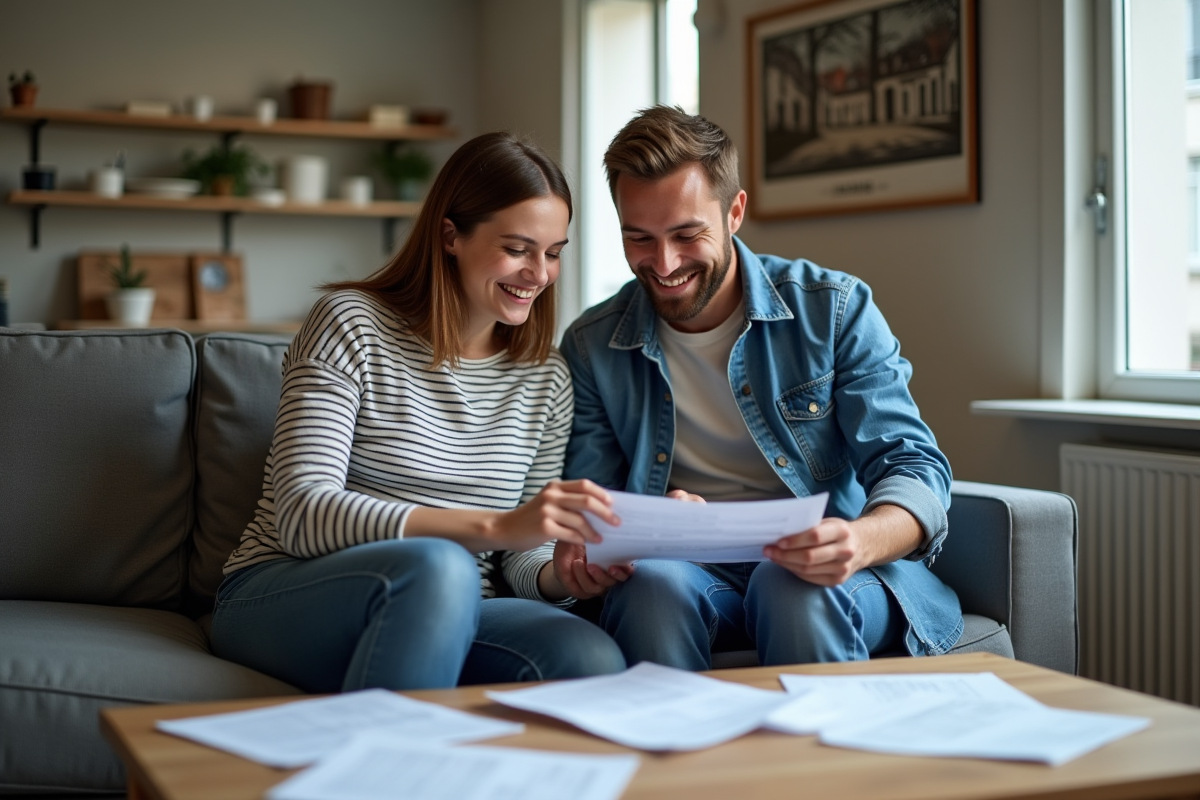 Jeune couple discutant de documents fiscaux dans leur salon moderne