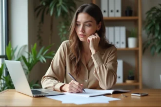 Jeune femme remplissant un formulaire de location dans un appartement lumineux