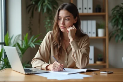 Jeune femme remplissant un formulaire de location dans un appartement lumineux