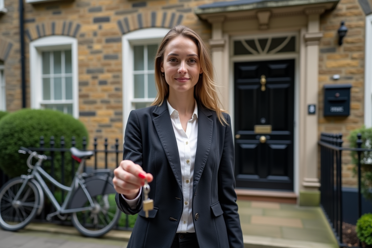 Jeune femme avec clé devant une maison en pierre