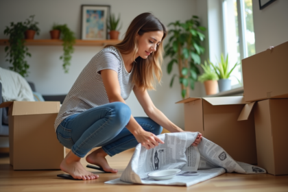 Jeune femme emballant de la vaisselle dans une boîte à l'intérieur