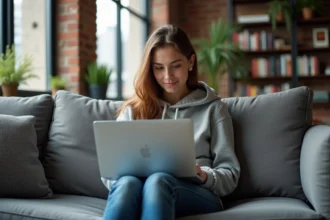 Jeune femme sur canapé avec ordinateur dans un appartement urbain
