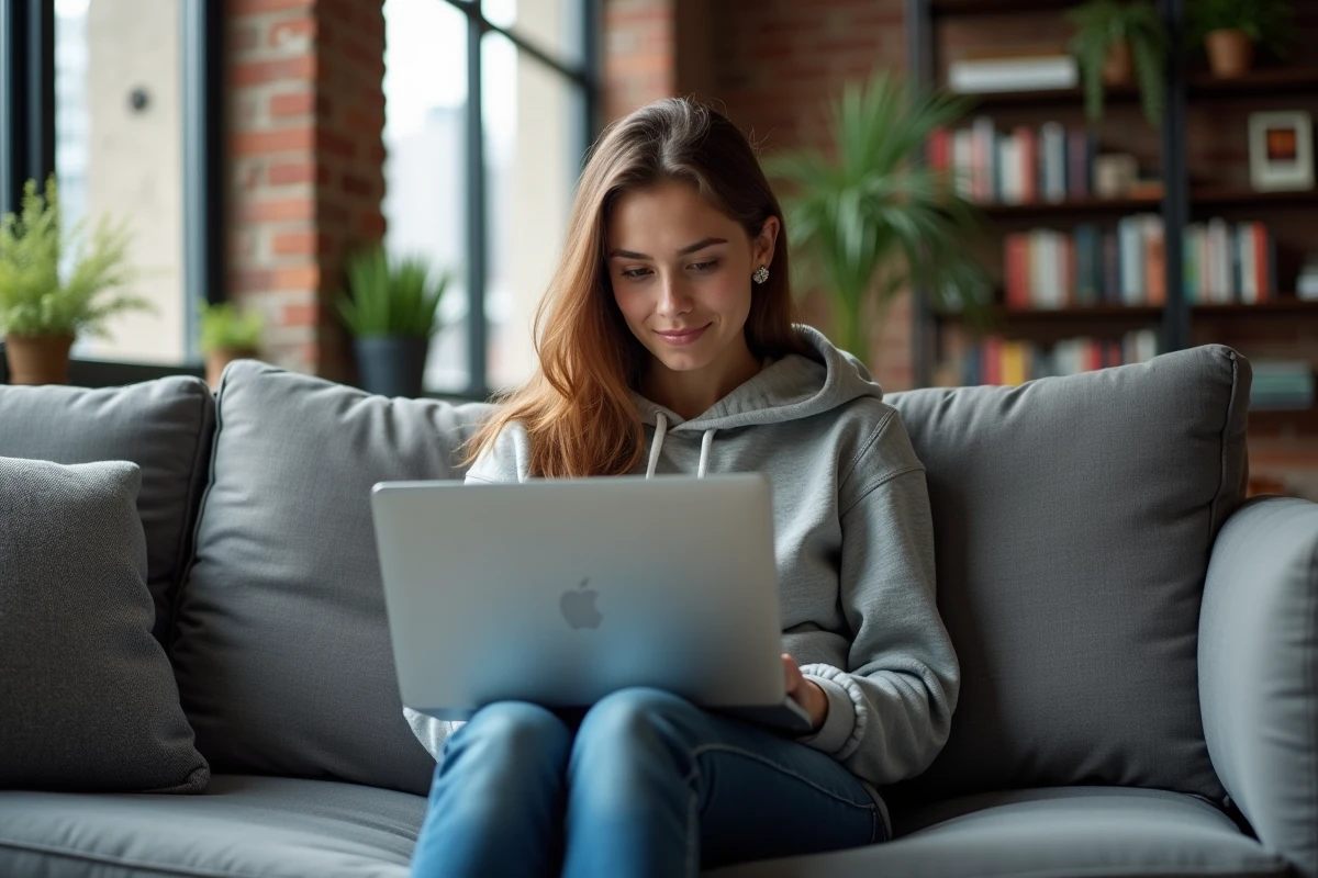 Jeune femme sur canapé avec ordinateur dans un appartement urbain