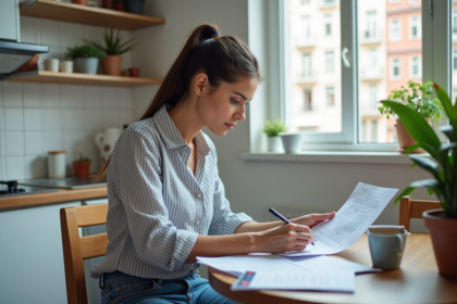 Jeune femme professionnelle examine des documents de location