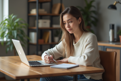 Jeune femme concentrée travaillant sur son ordinateur à la maison