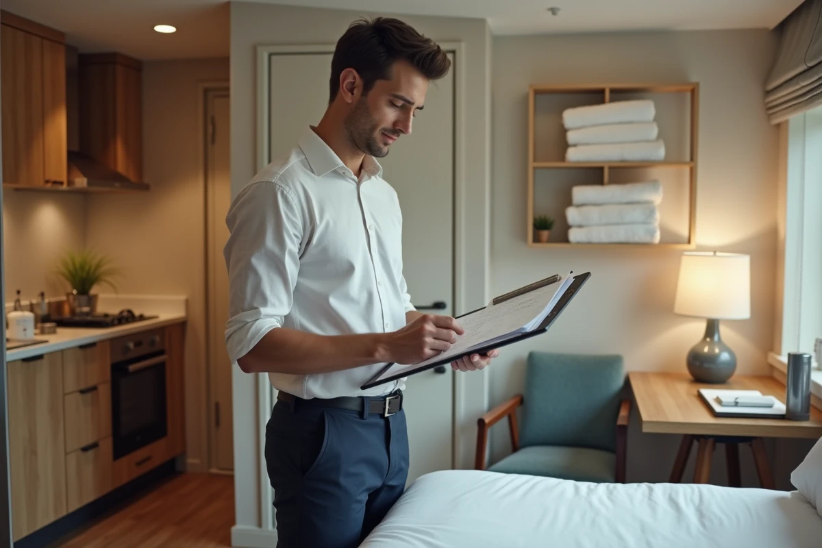 Jeune homme vérifiant une inventaire dans un studio bien aménagé