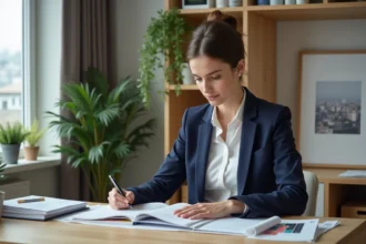Jeune femme en bureau lisant un livre immobilier