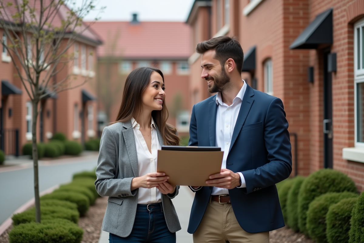 Jeune couple souriant devant leur nouvelle maison