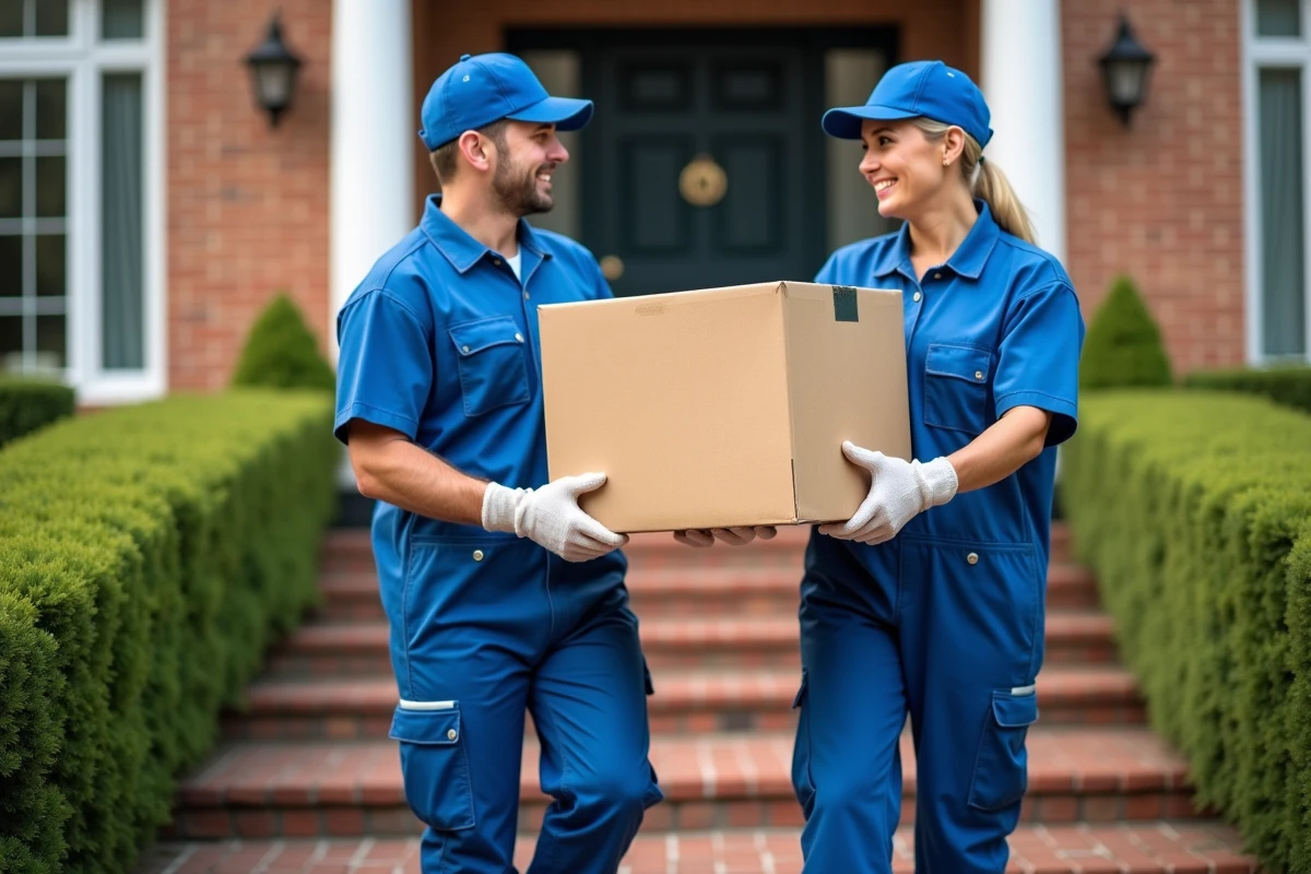 Jeunes déménageurs portant une grande boîte devant une maison
