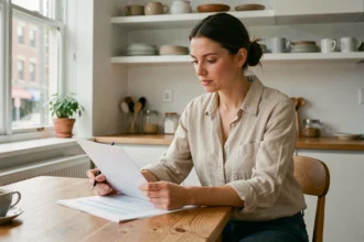 Locataire lisant son contrat d'assurance habitation à la table de sa cuisine moderne