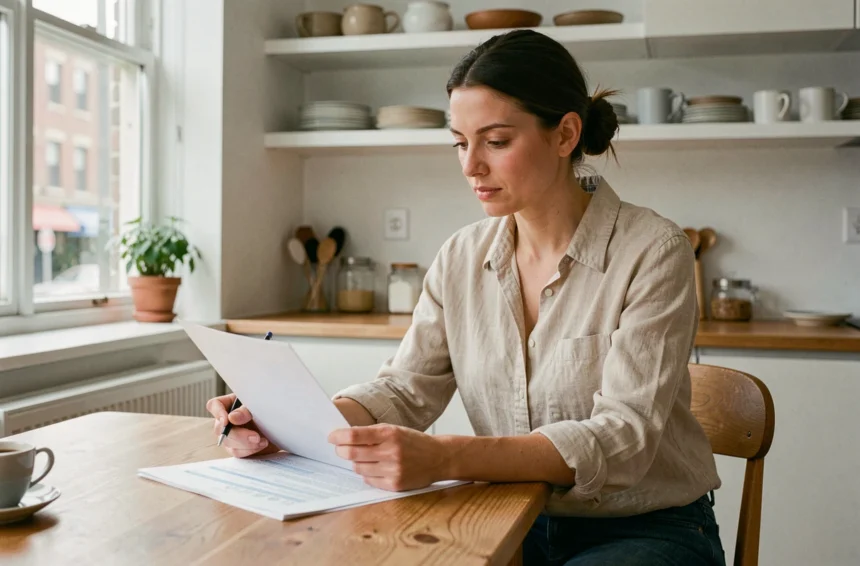 Locataire lisant son contrat d'assurance habitation à la table de sa cuisine moderne