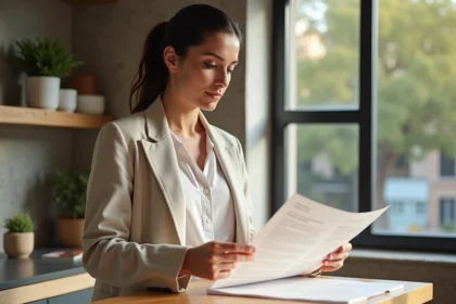 Femme consultant un contrat de location d'appartement à Barcelone en 2026 dans un appartement moderne et lumineux