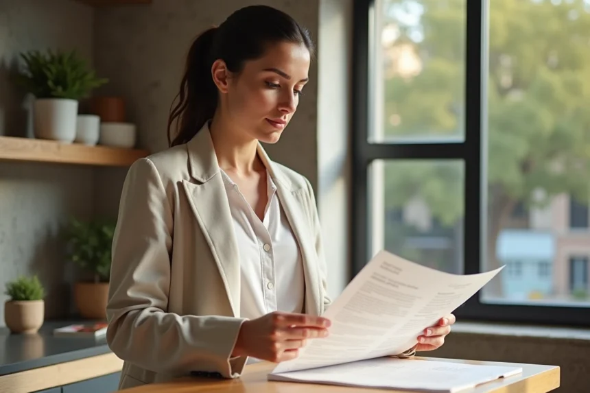 Femme consultant un contrat de location d'appartement à Barcelone en 2026 dans un appartement moderne et lumineux