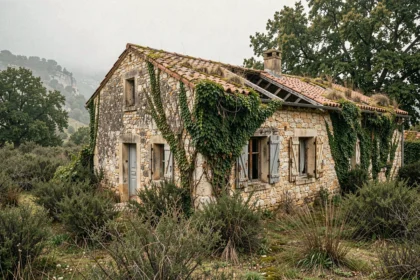 Maison abandonnée en pierre à vendre en Ardèche entourée de végétation sauvage avec volets en bois vermoulus et toit effondré