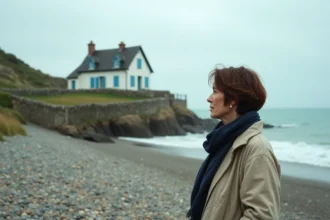 Femme devant une maison normande traditionnelle en bord de mer avec volets bleus et colombages blancs