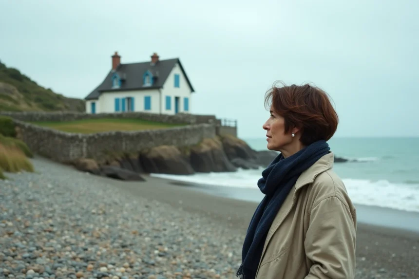 Femme devant une maison normande traditionnelle en bord de mer avec volets bleus et colombages blancs
