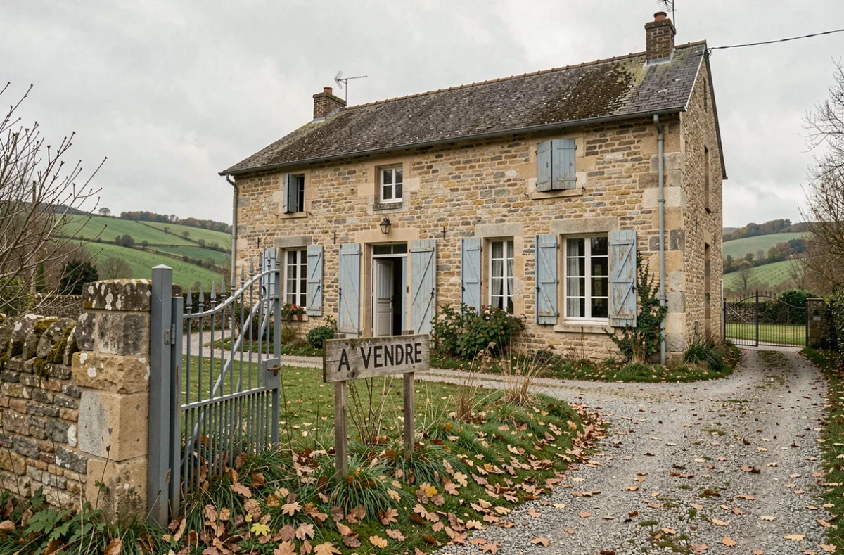 Maison de campagne en pierre avec panneau à vendre dans un jardin envahi, résidence secondaire héritée à vendre en milieu rural français