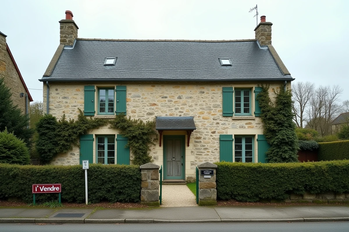Maison normande en pierre à vendre dans le Calvados avec panneau immobilier, contexte de divorce urgent