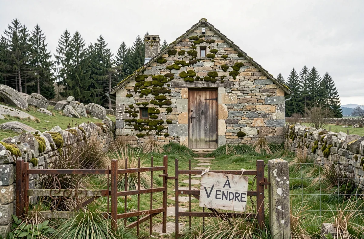 Maison en pierre à vendre en urgence en Lozère avec panneau de vente affiché sur la clôture