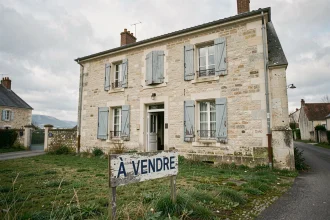Maison traditionnelle en pierre à vendre avec panneau À Vendre sur pelouse, région de Saint-Nazaire, vente urgente cause divorce