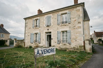 Maison traditionnelle en pierre à vendre avec panneau À Vendre sur pelouse, région de Saint-Nazaire, vente urgente cause divorce