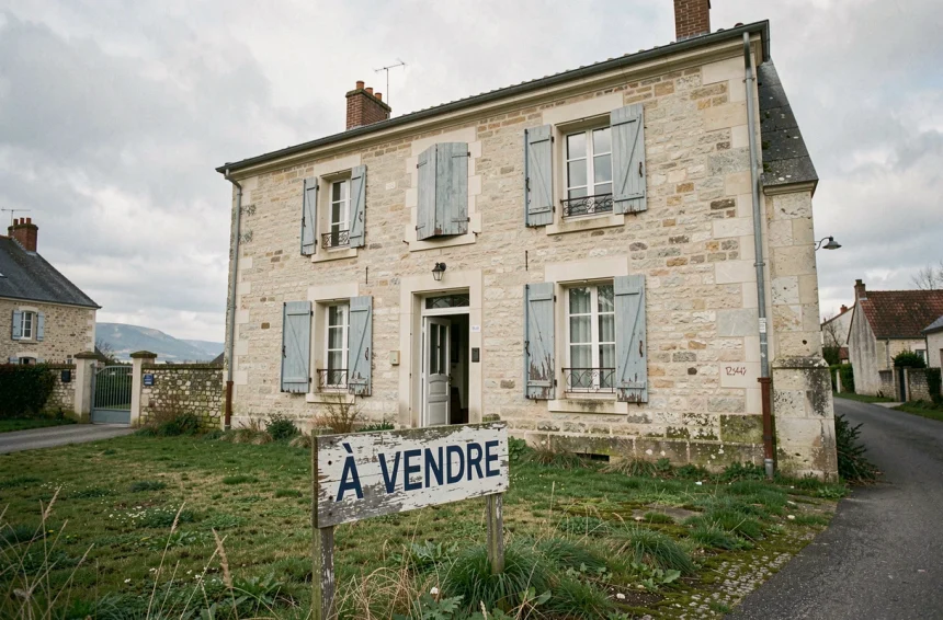 Maison traditionnelle en pierre à vendre avec panneau À Vendre sur pelouse, région de Saint-Nazaire, vente urgente cause divorce