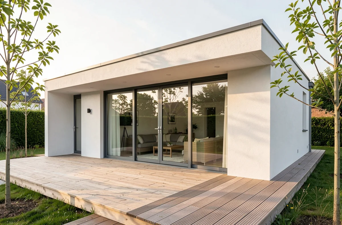 Maison contemporaine avec extension toit plat et terrasse bois construite par Maisons Alysia en Bretagne