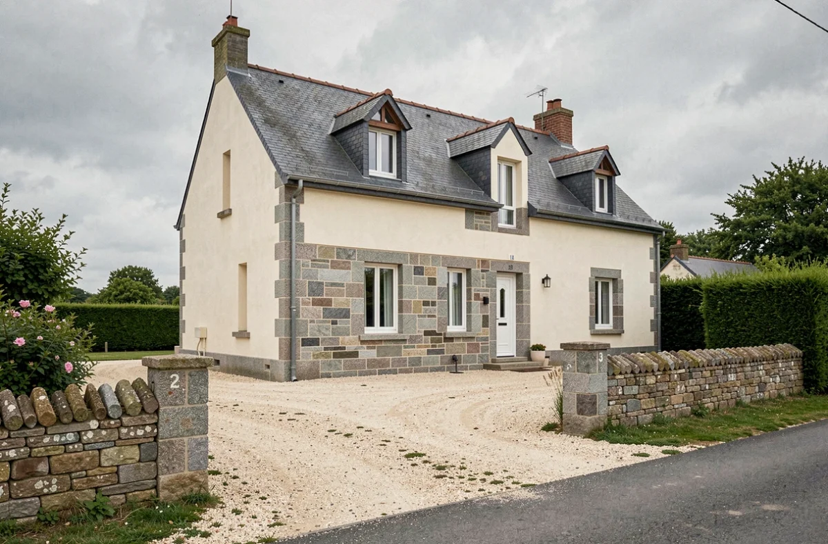 Maison de style breton traditionnelle avec parement en granite construite par Maisons Battais en Ille-et-Vilaine