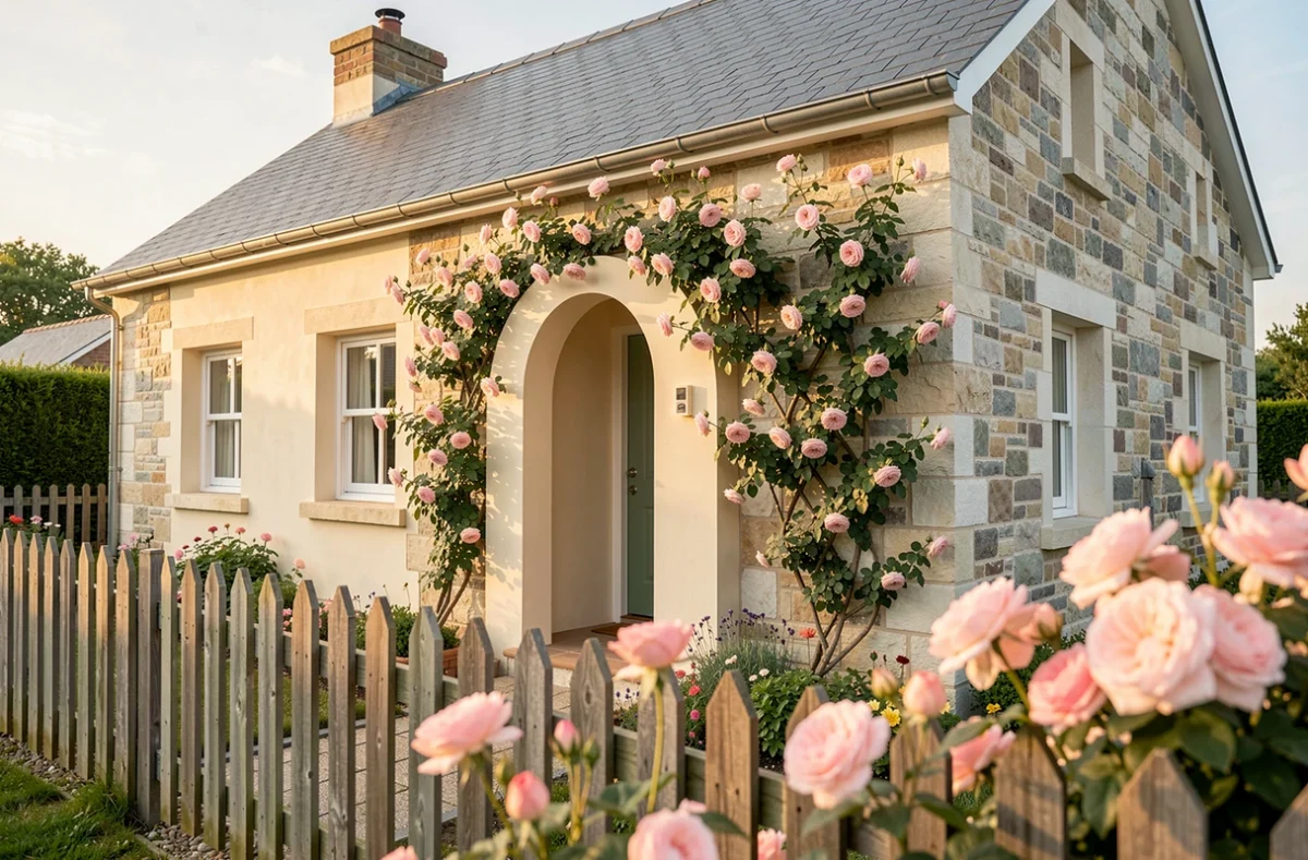 Maison de plain-pied avec porche arrondi et jardin fleuri réalisée par Maisons Création en Ille-et-Vilaine