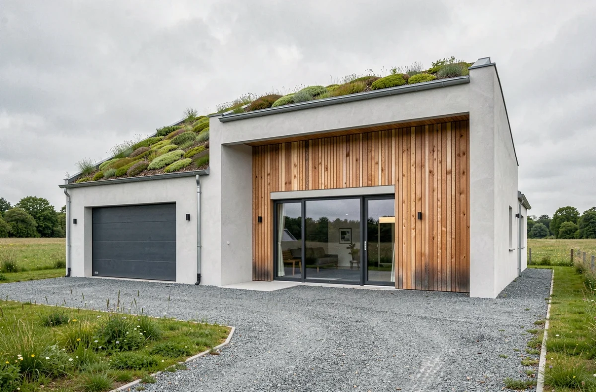 Maison à haute performance énergétique avec toit végétalisé et bardage cèdre construite par Maisons de l'Avenir en Ille-et-Vilaine