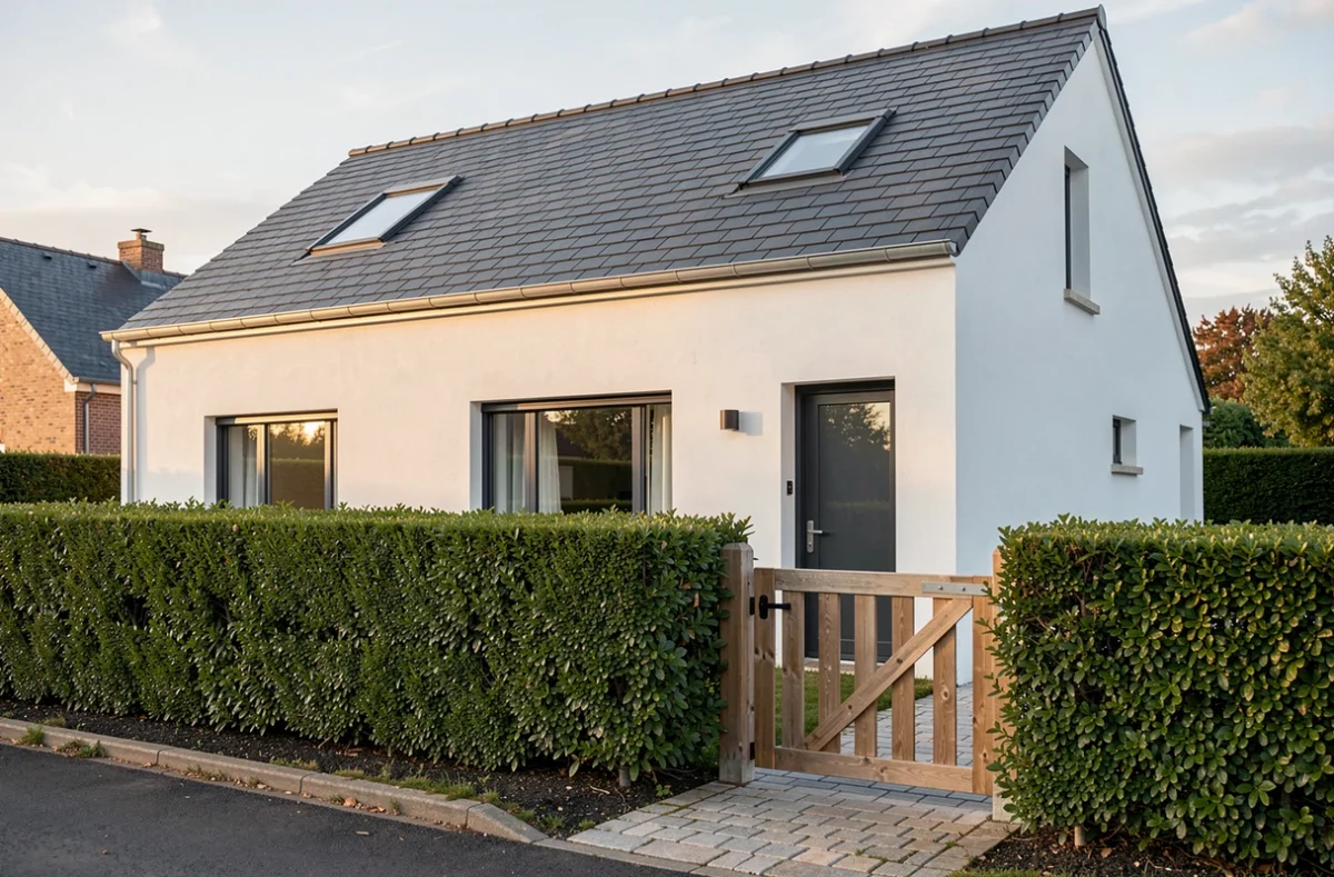 Maison individuelle moderne construite par Maisons MTB en Ille-et-Vilaine, avec façade blanche et toiture ardoise anthracite