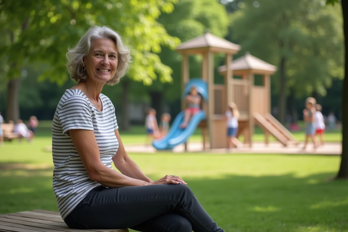 Mère de famille souriante dans un parc municipal d'une ville familiale en Île-de-France