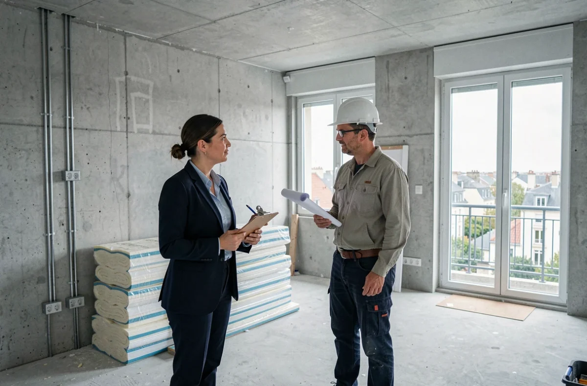 Consultante en rénovation globale discutant d'un projet de rénovation complète d'un appartement en Île-de-France