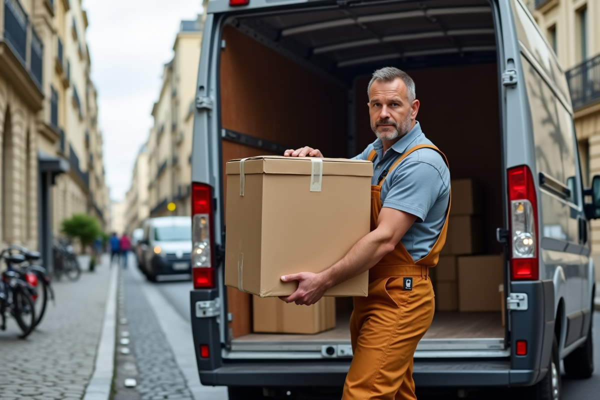 Moyen professionnel déplaçant un carton dans une rue parisienne