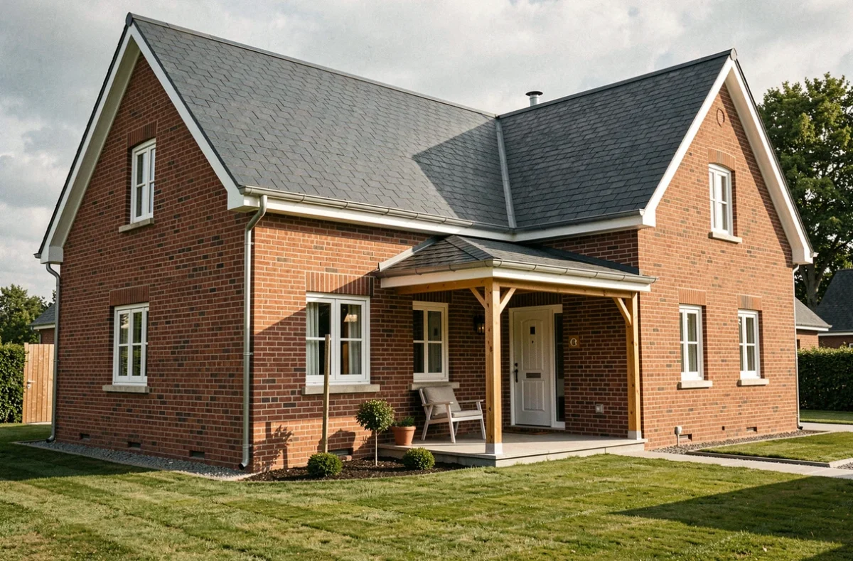 Maison en brique traditionnelle avec porche en bois construite par Mortier Construction en Ille-et-Vilaine