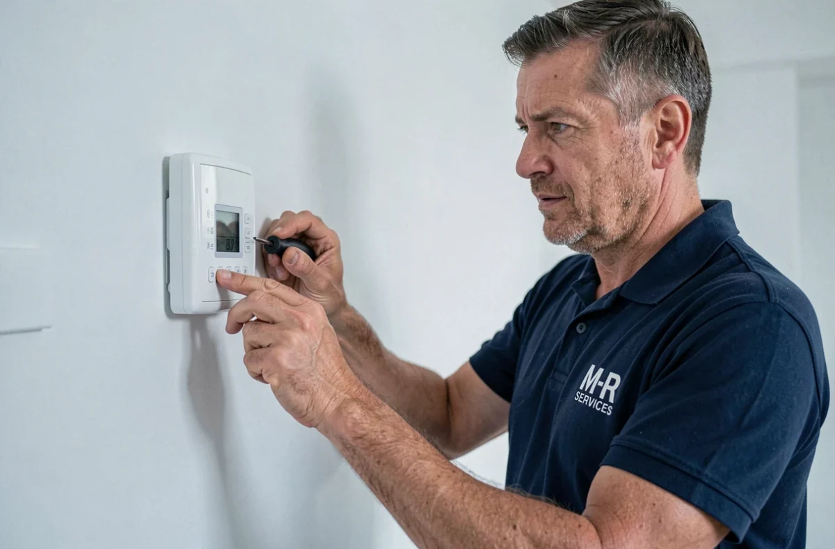 Technicien M-R Services installant un thermostat programmable dans une maison rénovée en Meurthe-et-Moselle