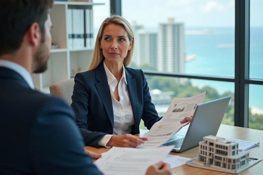 Femme négociant l'achat d'un appartement vue mer avec un agent immobilier dans un bureau professionnel