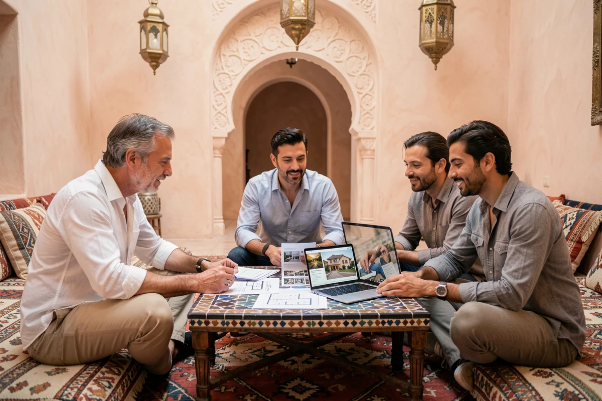 Négociation directe entre vendeur et acheteurs potentiels pour une villa à Marrakech sans intermédiaire agence, autour de plans immobiliers dans un salon de riad