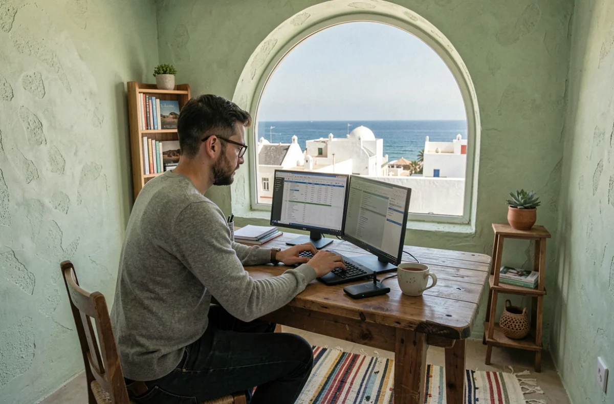 Nomade numérique travaillant sur son bureau avec vue sur les toits blanchis d'Essaouira et l'Atlantique depuis un appartement de location