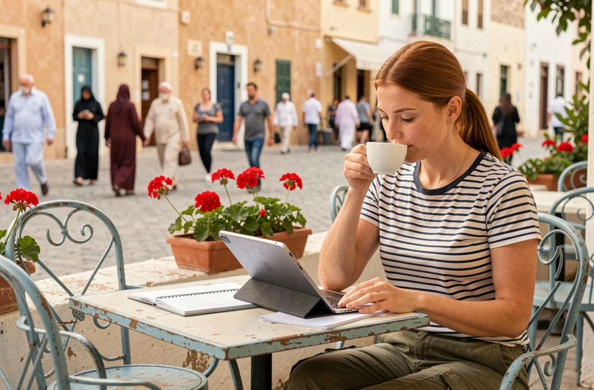 Femme nomade numérique travaillant sur tablette en terrasse de café dans la médina d'Essaouira avec vue sur la place animée