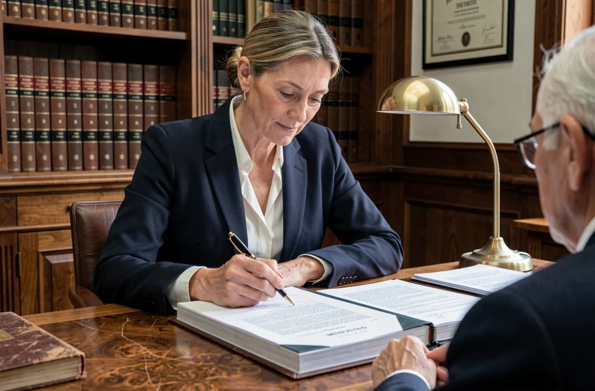 Notaire expliquant les clauses d'un acte de démembrement de propriété à un client âgé dans son étude
