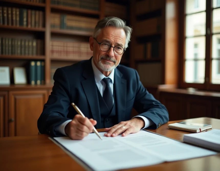 Notaire examinant des actes de vente immobilière dans un bureau parisien classique, illustrant les frais notariaux pour marchand de biens