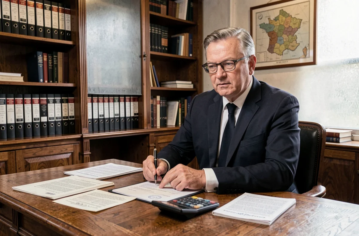 Notaire examinant des documents de vente immobilière lors d'un partage de bien suite à un divorce