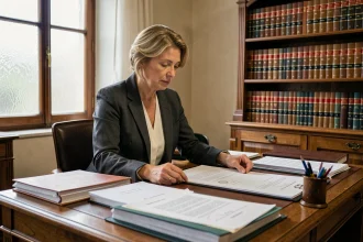 Notaire examinant des documents officiels pour la vente d'une résidence secondaire héritée dans un bureau traditionnel