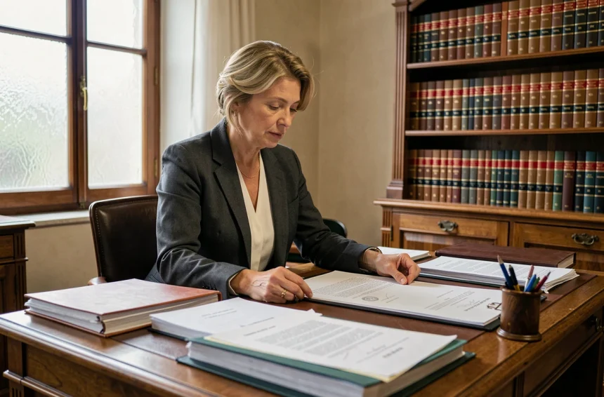 Notaire examinant des documents officiels pour la vente d'une résidence secondaire héritée dans un bureau traditionnel