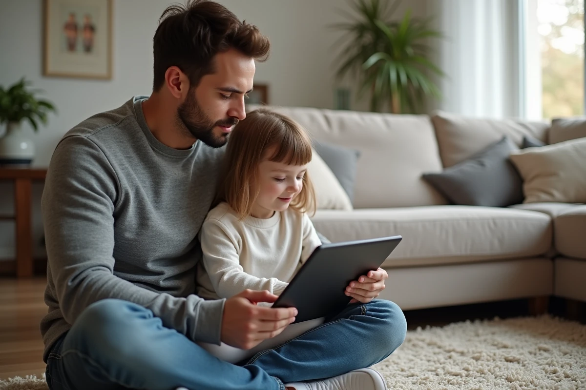 Père et fille regardant une visite virtuelle dans le salon
